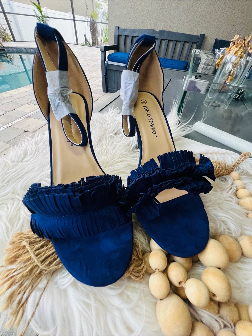 Ashley Stewart Navy Fringed Suede Ankle-Strap Heels